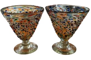 Mexican Hand Blown Glass Set of 2 Confetti Margarita Martini Rock Pebble Glasses - Picture 1 of 6