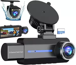 3 Channel Dash Cam Front Rear 2.5K+1440P w/ 32GB Card Night Vision Blue - Picture 1 of 9