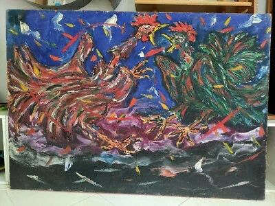 PEINTURE VINTAGE SCENE ANIMAUX "BATAILLE DE COQ" VINTAGE PAINTING ANIMALS SCENE - Photo 1/4