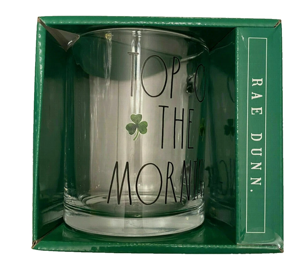 RAE DUNN Top O' The Morning 18 Oz Clear Glass Mug Ireland Saint Patrice Day +BOX - Image 1 of 1