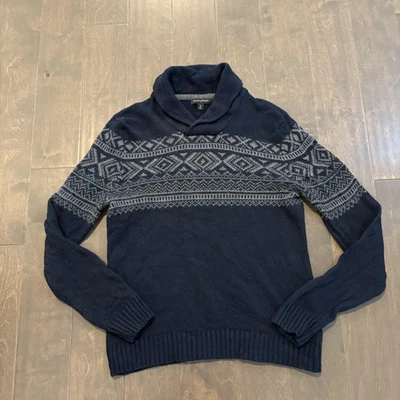 Banana Republic Sweater Men Medium Navy Fair Isle Shawl Collar Wool Blend Knit - Image 1 of 4