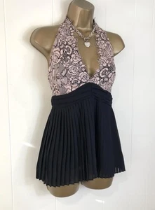 KAREN MILLEN STUNNING PINK LACE BUST BLACK PLEATED HALTER TOP SIZE 8 - Picture 1 of 3