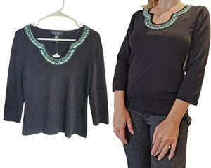 Cable And Gauge Black Knit Top M/P Beaded Neckline V-neck 3/4 Sleeves Office NWT - Picture 1 of 11