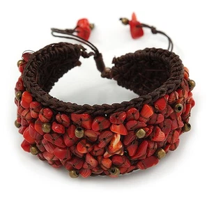 Handmade Coral Nugget Brown Cotton Cord Cuff Bracelet - Adjustable - Picture 1 of 6