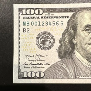 Fancy Straight Ladder $100 FRNote MB00123456S New York FRB 2013 Series Crispy BU - Picture 1 of 3