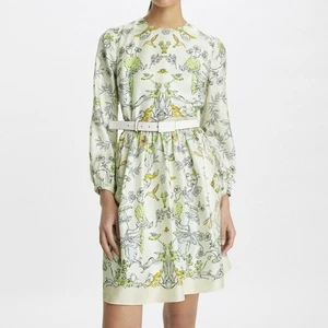 Tory Burch Minikleid Hase bedruckt Seide beige Wiese Feld Tier Blumen 10 - Bild 1 von 19