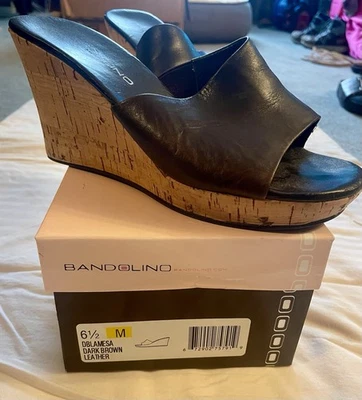 Women’s Bandolino Brown Leather Cork Wedge Heel Peep Toe Shoe With Box - Image 1 of 4
