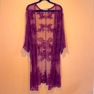 Size M Oversized Lace Gauze Burgundy Maroon Wide Sleeve Kimono Boho Jacket Cape - Picture 1 of 7