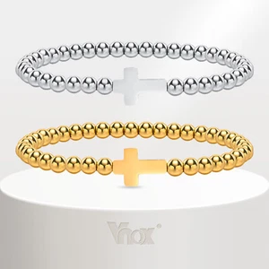 VNOX Women 14K Gold Beaded Charm Bracelets Stackable Cross Non Tarnish Jewelry - Picture 1 of 20