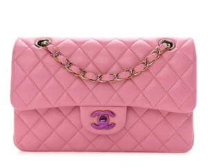 Chanel Lambskin Quilted Small Double Flap Pink Yellow Rainbow Hardware Bag Cross - Picture 1 of 8