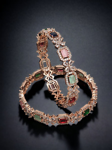 Indian Jewelry Color CZ AD Gold Plated Bracelet Wedding Kada Bangles Sets 2 pc
