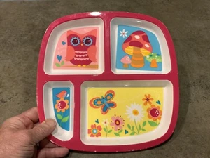 Plato infantil 4 compartimentos búho, mariposa, flores y setas - Imagen 1 de 4