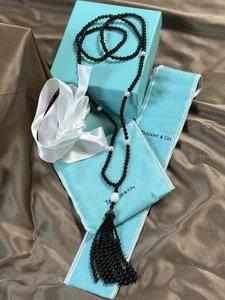 Tiffany & Co Ziegfeld Collection Onyx Pearl Tassel Long Necklace 32-36" In Box - Picture 1 of 8