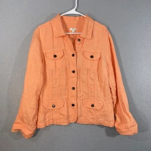 J Jill Womens Jacket L Orange 100% Linen Utility Button Front Pockets - Picture 1 of 12