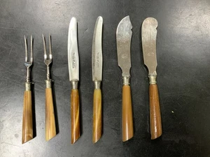 Vintage verschiedene Bakelit Utensilien-2 Gabeln,2 Messer,1 Kuchenmesser,1 Buttermesser - Bild 1 von 8