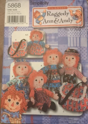 SIMPLICITY Sewing Pattern #5868 Raggedy & Andy 21" doll, clothes & tote UC/FF - Image 1 of 4