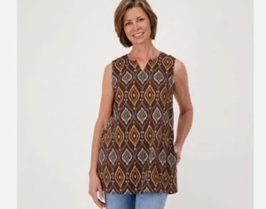 Denim & Co. Naturals Printed Linen Blend Top w/Pockets ChocolateBrown XS A500901 - Picture 1 of 6