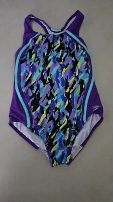 Speedo One Piece Swimsuit Size Girls 12 Purple Green Pattern - Image 1 of 3