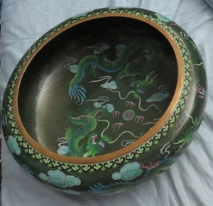 Champleve Cloisonne Bürste Waschschüssel 15" x 5" 20. Jahrhundert Messing Doppeldrache - Bild 1 von 8