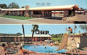 Black Oak Motel & Restaurant Pool Straßenblick Paso Robles, CA Vintage Postkarte - Bild 1 von 2