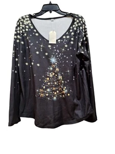 Woman's Long Sleeve Christmas Tree Black Shirt Size Medium NWT - Picture 1 of 5