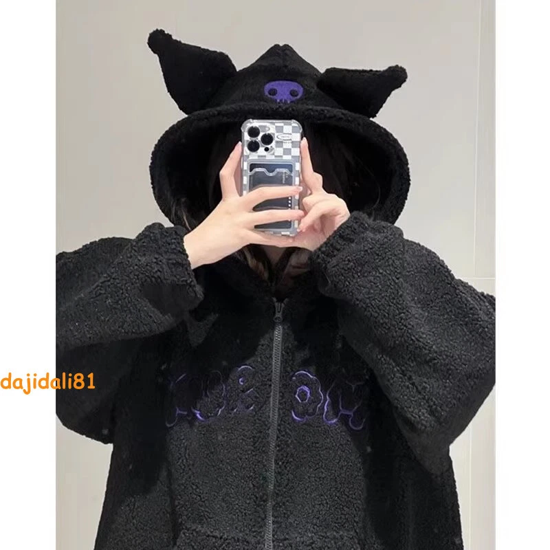 Kuromi Devil Black Fleece Hooded Zipper Jacket Girl Sweatshirt Causual Coat Tops - Image 1 of 4