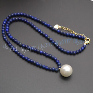 Natural 4mm Blue Lapis Lazuli 14mm White Shell Pearl Pendant Necklace 18 inch