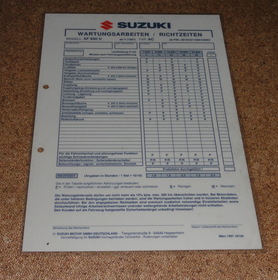 Hoja De Inspección Suzuki XF 650 U Tipo AC Año 1997 - Imagen 1 de 1
