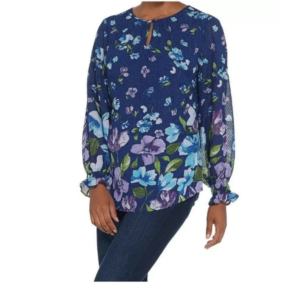Blusa Blusa Isaac Mizrahi Live Mujer Talla 14 Floral Azul Manga Larga Popover Foto 1 de 4