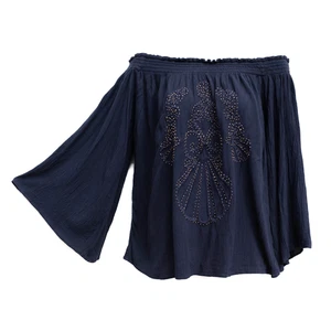 Blusa Lily Pulitzer Nita Fuera del Hombro Top En Azul Marino Verdadero M Boho Manga Campana - Imagen 1 de 3