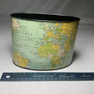 VINTAGE MCM 1950'S MADE IN JAPAN WORLD MAP TIN LITHO SMALL DESKTOP TRASH CAN - Picture 1 of 8
