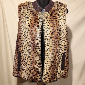 Rebecca Malone Women's Brown Soft Leopard Faux Fur Vest With Pockets Large - Picture 1 of 6