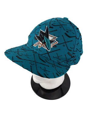 San Jose Sharks NHL Hockey Fitted Hat Cap 7 1/2 32/5 Teal Hockey Stick Print - Image 1 of 4