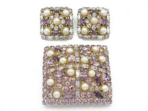 Alice Caviness Vintage Lilac, Purple Rhinestone & Pearl 2" Sq. Brooch & Earrings