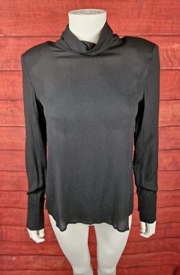 Mango Black High Neck Blouse With Jewel Buttons Size S UK 8 Padded Shoulders  - Image 1 of 4