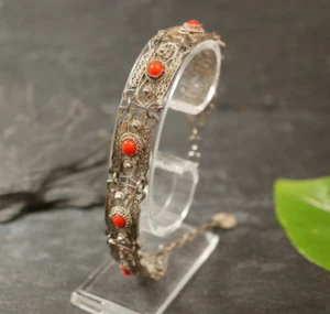 Wunderbares Silber Armband Filigran Roter Besatz Ornamental Verschnörkelt - Picture 1 of 11