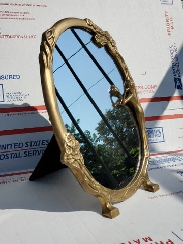 Vtg Art Deco Nouveau Brass Vanity Table Top Mirror - LADY LOOKING BACK!!! Cover