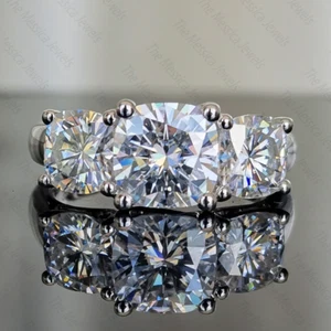 4.75 TCW Cushion Cut Moissanite 3-Stone Engagement Ring In 925 Sterling Silver - Picture 1 of 12