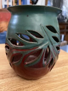 MARK ALEWINE Rare Art Studio Pottery Vessel Cut Leaf Vase Luminary Signed 5 5/8 - Picture 1 of 6
