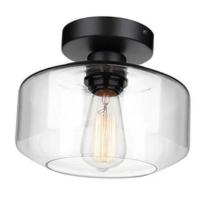 Industrial Semi Flush Mount Ceiling Light, Clear Glass Pendant Lamp Shade, - Picture 1 of 7