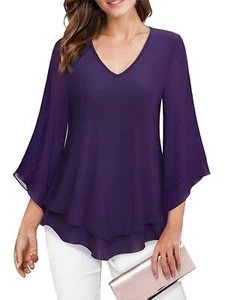 Women's Dressy Blouse Double Layers Mesh Shirt Ruffle Flared Sleeve Tunic Tops - Picture 1 of 14
