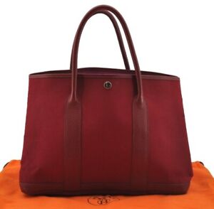 Authentic HERMES Vintage Garden Party MM Hand Tote Bag Canvas Leather Red 7918I