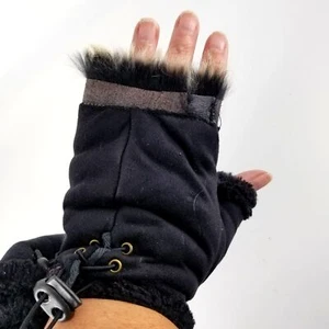 Fingerless Gloves OS Black Faux Fur Short Suede Lace Up Pair Gothic Punk Cosplay - Picture 1 of 9