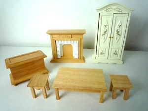 VINTAGE DOLLS HOUSE FURNITURE  FIREPLACE, OTTOMAN, WARDROBE, TABLE WITH 2 STOOLS - Picture 1 of 8