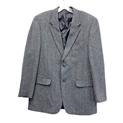 CRICKETEER Mens Blazer 42L Gray Blue Lambswool Herringbone Red Stripe 2 Button - Image 1 of 4