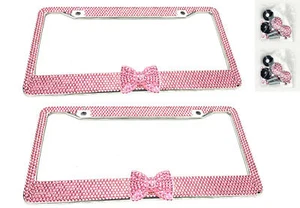 2 x Pink Bow Tie Bling Diamond Crystal Metal License Plate Frame For VW Porsche - Picture 1 of 2
