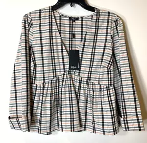 Rails Top Womens Small Noella Stockholm Check Scandinavian V-Neck Blouse NEW - Picture 1 of 10