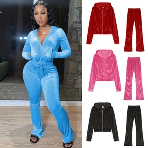 Womens Velvet Velour Hooded Joggers Loungewear 2PCS Ladies Tracksuit Set - Picture 1 of 16