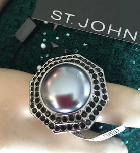 NUEVO ANILLO DE PLATA JOYERÍA DE DISEÑADOR ST JOHN TEJIDO TALLA 8 NEGRO PERLA GRANDE - Imagen 1 de 3