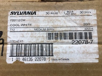 Pack of 30 -Sylvania Fluorescent Light Bulb 20 watt 24" T12 Medium Bi-Pin (5849) - Image 1 of 4